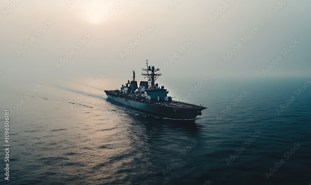 A naval ship navigating through calm waters during a misty sunrise.