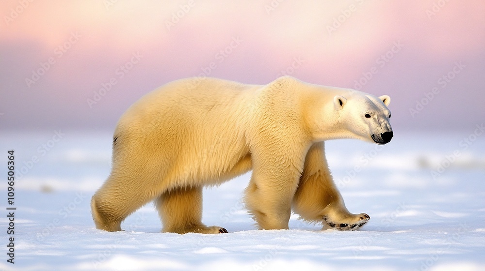 Polar Bear Traversing Snowy Tundra Under Soft Pink Winter Sky Polar Bear Traversing Snowy Tundra Under Soft Pink Winter Sky