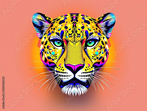 A stylized illustration of a leopard's face with bold lines and bright spots, wildlife art., childrens books, abstract patterns, illustrations photo