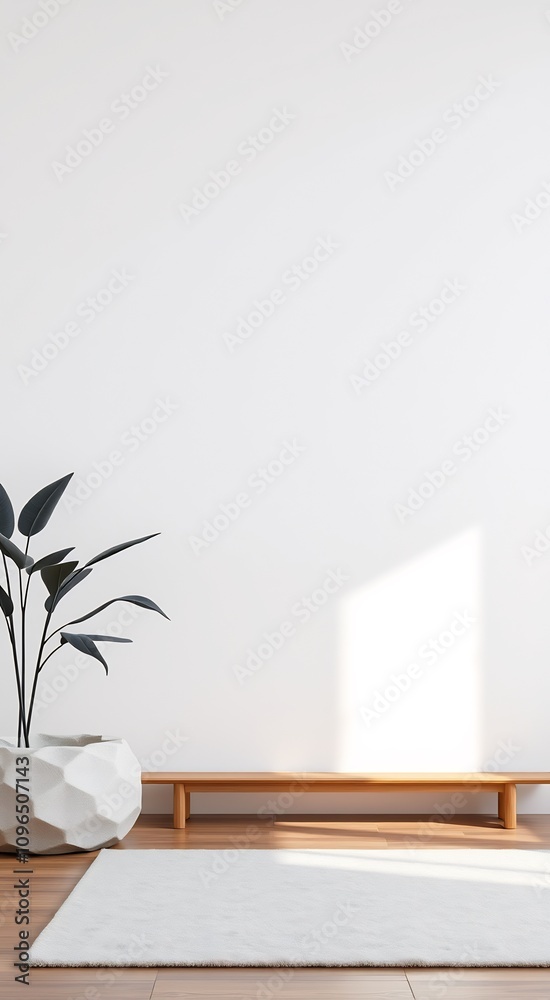 Minimalist Living Room Interior with Wooden Bench and Plant. Minimalist Living Room Interior with Wooden Bench and Plant.