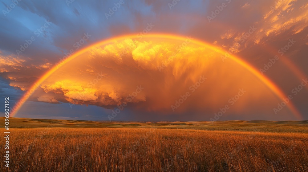 Golden Sunset Rainbow Over Rolling Grasslands