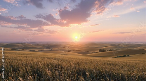 A sweeping vista of the prairie with the sun setting behind it, rural, landscape, prairie, outdoors