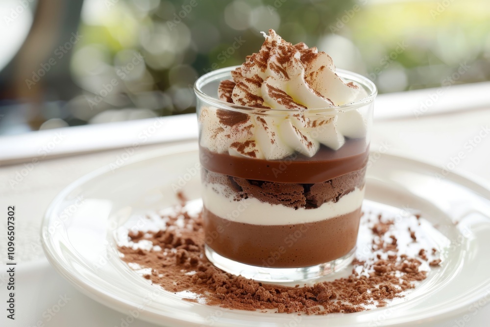 A dessert with whipped cream and chocolate sits on a plate with cocoa powder. Concept of delicious indulgence. For a dessert menu or food advertisement A dessert with whipped cream and chocolate sits on a plate with cocoa powder. Concept of delicious indulgence. For a dessert menu or food advertisement