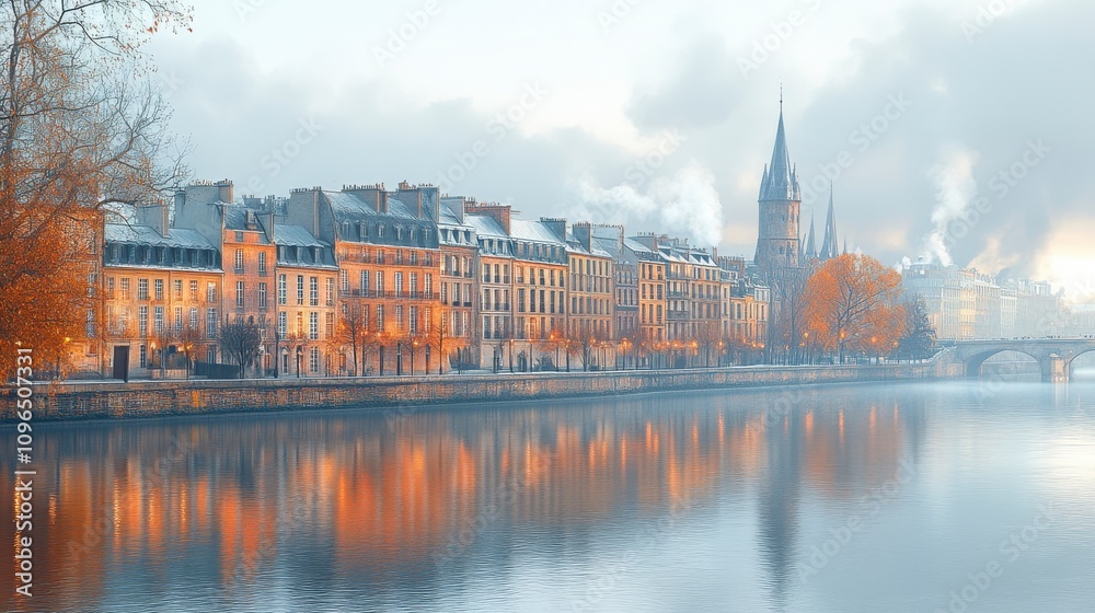 Naklejka premium Parisian Winter Charm: Majestic Buildings Reflecting on a Misty River
