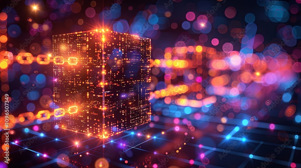 Conceptual image of blocks connected by chains of data, representing blockchain Conceptual image of blocks connected by chains of data, representing blockchain