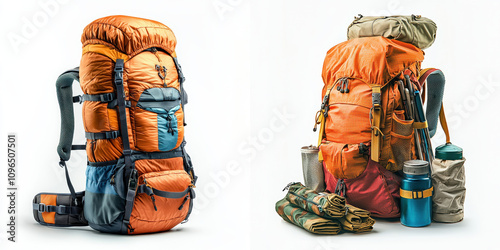 Lightweight camping backpack filled with essential gear for outdoor adventures. This vibrant orange and blue backpack showcases various camping items, perfect for hiking and exploration