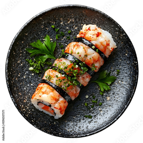 Extreme top view close up of hyperrealistic lobster handroll on a dark marble plate isolated on a white transparent background photo