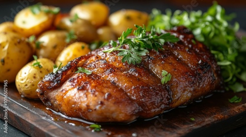 Grilled chicken with potatoes.