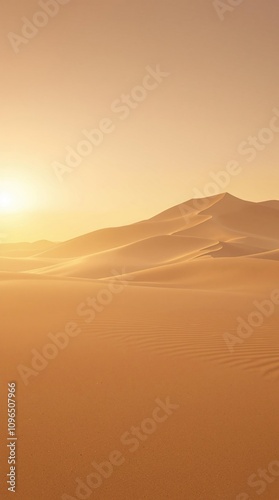 A tranquil beach scene with towering sand dunes in the background, the sun rises above the horizon casting a warm glow over the entire landscape , sandy terrain, beach scene, ocean view, sand dunes