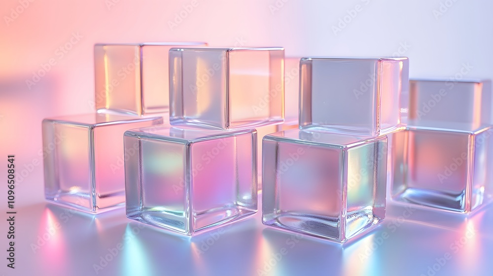 Transparent glass cubes arranged in a row displaying iridescent reflections and holographic effects, illuminated by pink and blue gradient lighting on a white background. Transparent glass cubes arranged in a row displaying iridescent reflections and holographic effects, illuminated by pink and blue gradient lighting on a white background.