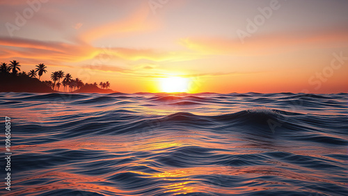 A tranquil scene of a peaceful ocean with a stunning sunset unfolding behind the waves and silhouetted trees, tree, shore