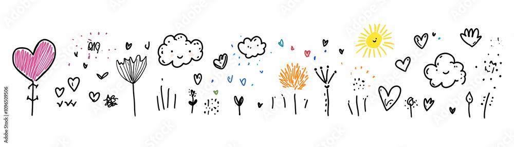 Whimsical Hand-Drawn Illustration of Happy Hearts, Sun, and Flowers Whimsical Hand-Drawn Illustration of Happy Hearts, Sun, and Flowers
