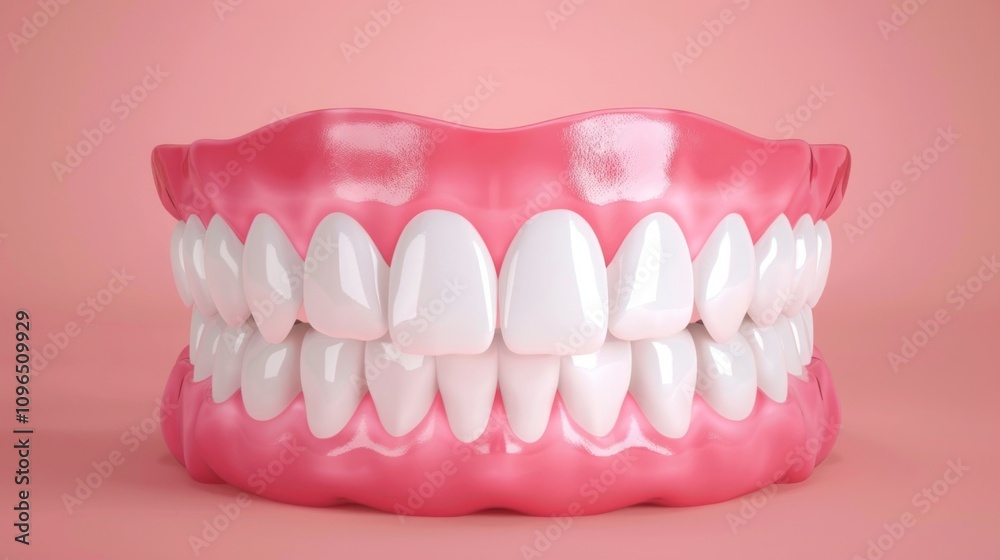 Obraz premium Glossy pink gums with bright white teeth in a complete dental model on a soft pink background. Minimalist studio composition. Dental health, oral hygiene, and tooth care concept. Generative AI