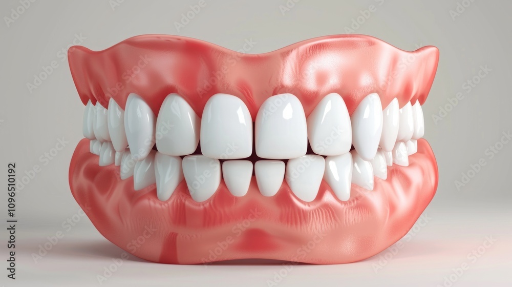 Glossy pink gums with bright white teeth in a detailed dental model on a neutral background. Minimalist studio composition. Dental health, oral hygiene, and tooth care concept. Generative AI Glossy pink gums with bright white teeth in a detailed dental model on a neutral background. Minimalist studio composition. Dental health, oral hygiene, and tooth care concept. Generative AI