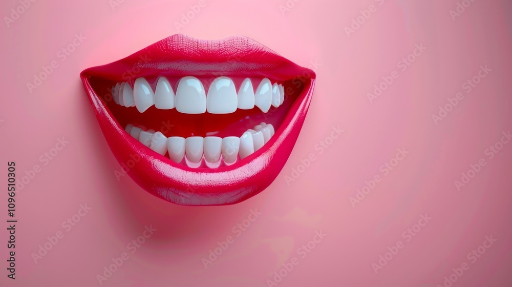 Glossy red lips with bright white teeth in a radiant smile on a soft pink background. Minimalist studio composition. Dental health, oral hygiene, beauty, and cosmetics concept. Generative AI Glossy red lips with bright white teeth in a radiant smile on a soft pink background. Minimalist studio composition. Dental health, oral hygiene, beauty, and cosmetics concept. Generative AI