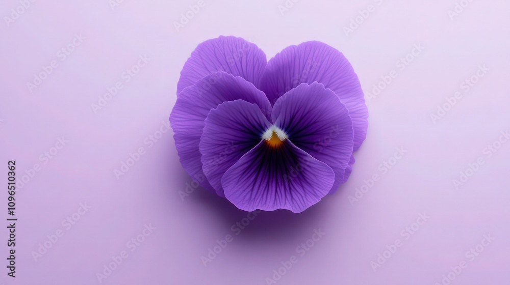 Obraz premium One deep purple heart-shaped pansy flower is centered on a uniform light lavender surface ideal for greeting cards.