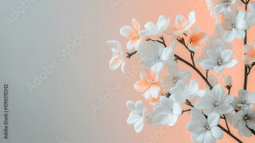 Delicate white cherry blossoms branch across the right side leaving significant empty copy space on the left.