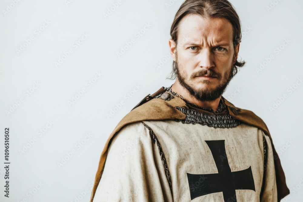 A mighty, bald Viking in battle gear stands before a white background. A mighty, bald Viking in battle gear stands before a white background.