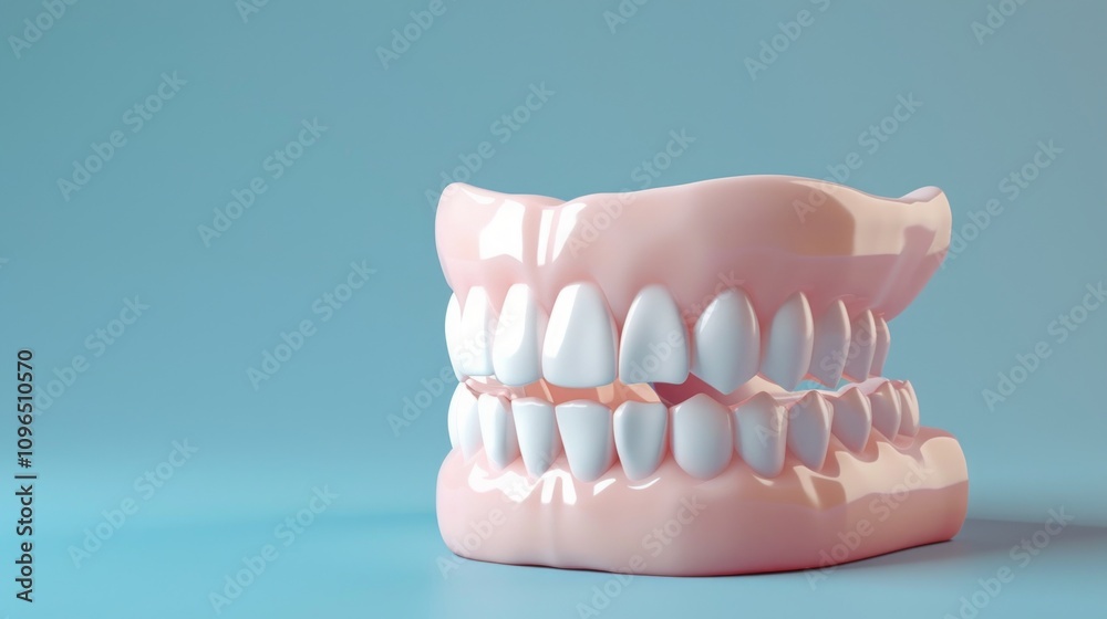3D realistic dental model of human teeth and gums on a blue background. Studio composition. Dentistry, orthodontics, and oral health concept. Generative AI 3D realistic dental model of human teeth and gums on a blue background. Studio composition. Dentistry, orthodontics, and oral health concept. Generative AI