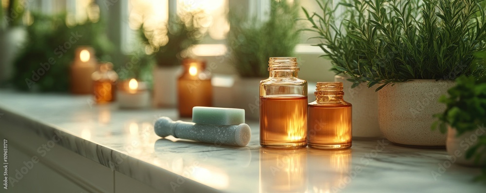 Serene Spa Setting: Essential Oils and Herbal Plants Serene Spa Setting: Essential Oils and Herbal Plants