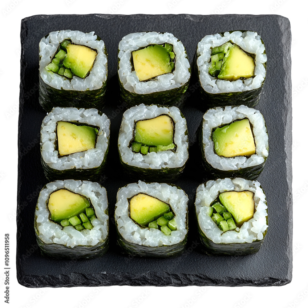Extreme top view close up of hyperrealistic avocado maki on a dark slate tray isolated on a white transparent background Extreme top view close up of hyperrealistic avocado maki on a dark slate tray isolated on a white transparent background