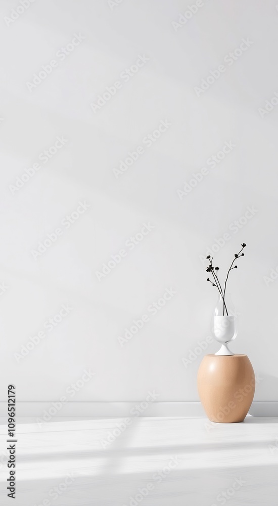 Minimalist Interior Design with Dried Flowers in a White Vase on a Wooden Pedestal. Minimalist Interior Design with Dried Flowers in a White Vase on a Wooden Pedestal.