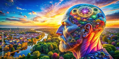 Aerial Exploration of Freudian Psychoanalysis Concepts: An Insightful Study of the Mind's Depths and Key Theories Examined from Above in a 3D Illustration photo