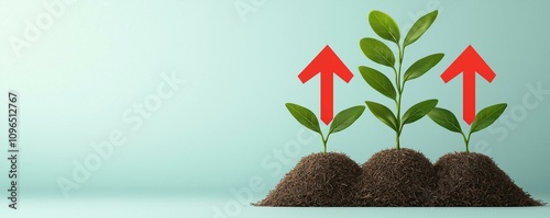 Growth concept and aiming for target. Three green plants emerge from soil, with upward arrows indicating growth and progress against a light background.