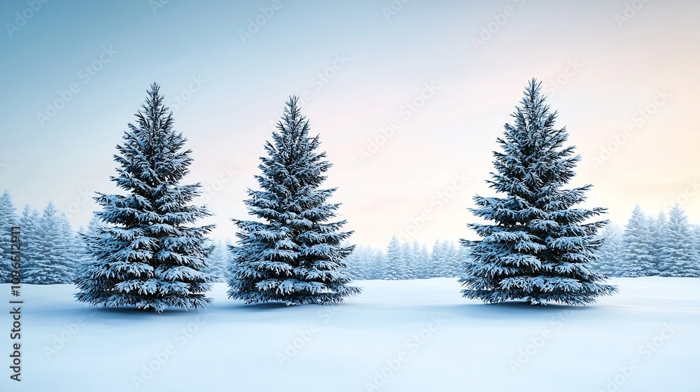 Tranquil Snowy Landscape with Symmetrical Pine Trees and Pastel Winter Sky Tranquil Snowy Landscape with Symmetrical Pine Trees and Pastel Winter Sky