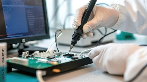 Technician assembling satellite components in a cleanroom with precision. Aerospace technology, electronic manufacturing,innovative technology, spacecraft manufacturing, space exploration