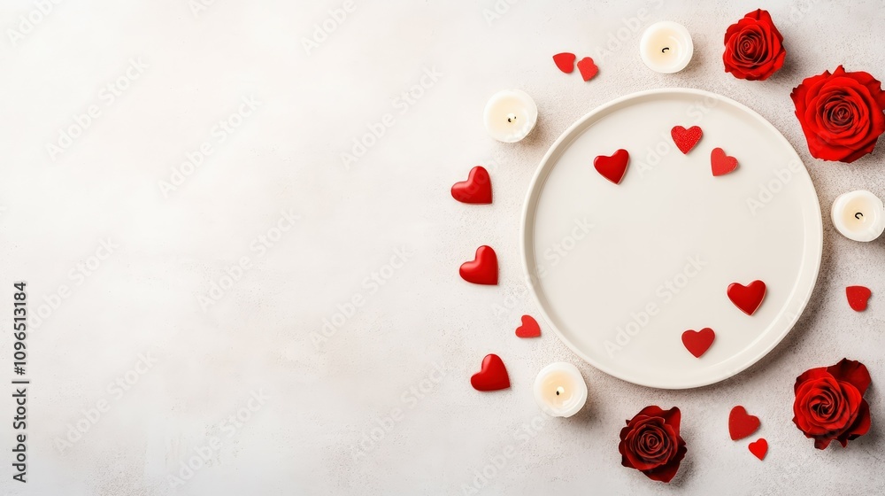 Valentine background with A love-letter-themed table set up with candles, hearts, and red roses scattered on top Valentine background with A love-letter-themed table set up with candles, hearts, and red roses scattered on top