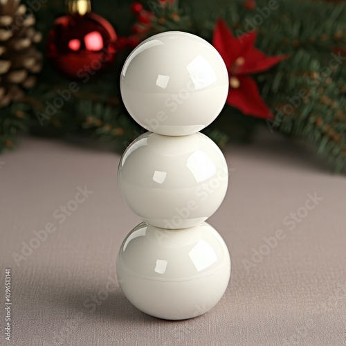 Three white ceramic spheres stacked like a snowman against a festive background. photo