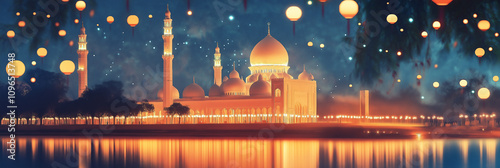 An elegant retro-style illustration of a mosque under the stars, framed by glowing lanterns