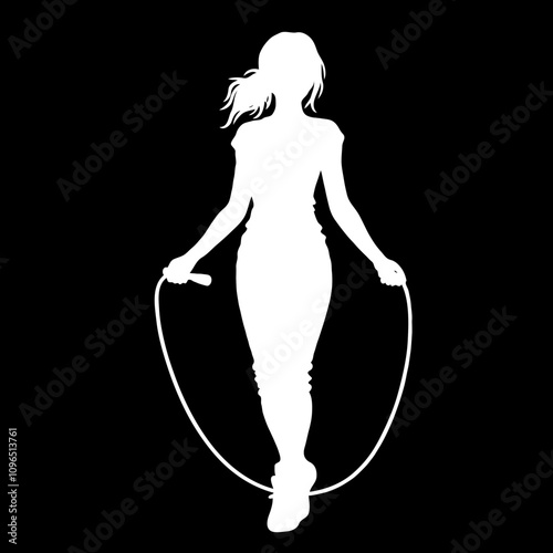 Silhouette of a playful girl jumping rope on a black background