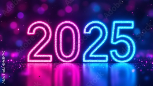 Glowing Neon 2025 - Indicating New Year vibe - Vibrant Bokeh and Festive Atmosphere