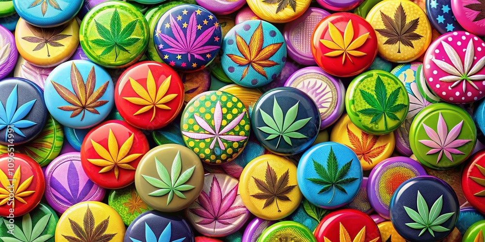 Fototapeta premium Aerial Photography of Vibrant Cannabis Marijuana Leaf Logos Set Against Colorful Circular Buttons for Branding and Marketing Purposes