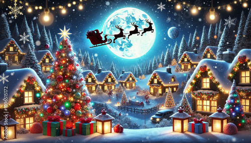 Santa Claus in his sleigh soaring over a snowy village, surrounded by twinkling lights and festive decorations.	