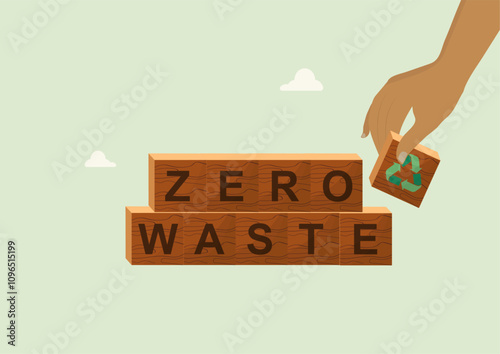 Zero Waste Wooden Blocks with Recycling Symbol. wooden blocks spelling 'ZERO WASTE' with a hand adding a recycling symbol block, representing environmental sustainability. Waste management. Vector