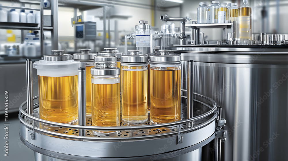 Laboratory Jars with Yellow Liquid in a Steel Vessel