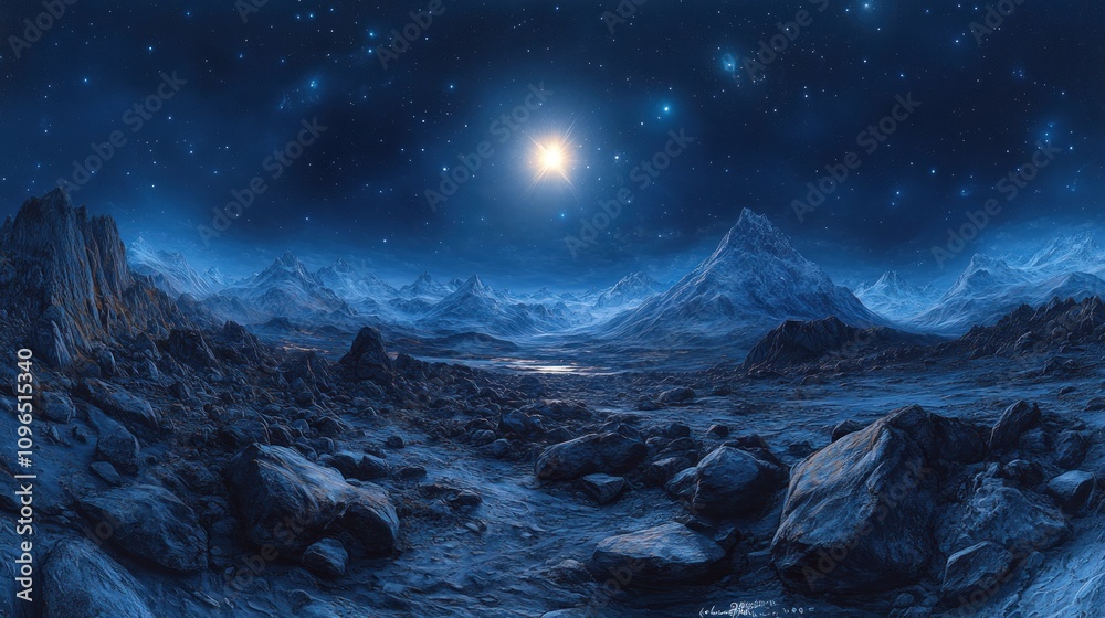 Naklejka premium Celestial Nightscape: A Serene Alien Landscape Under a Starry Sky