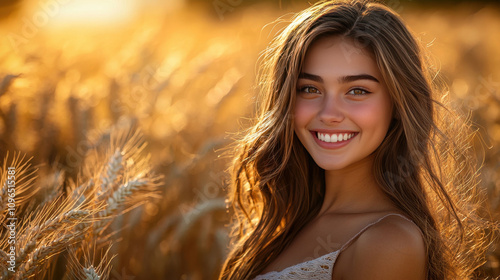 cheerful woman smiling in golden wheat field during sunset