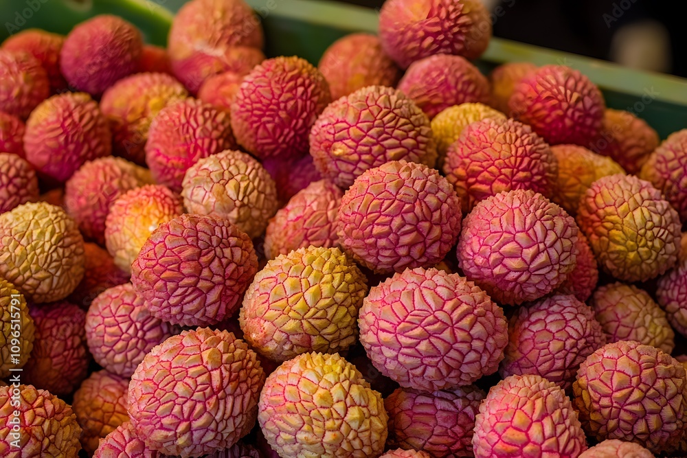 Lychee Delight: A vibrant close-up of ripe lychees, their textured skin glowing with a warm, inviting hue, perfect for showcasing the beauty and abundance of this tropical fruit. Lychee Delight: A vibrant close-up of ripe lychees, their textured skin glowing with a warm, inviting hue, perfect for showcasing the beauty and abundance of this tropical fruit.