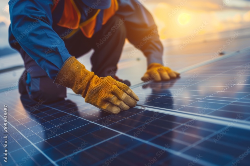 Service engineer checking solar cell on the roof for maintenance if there is a damaged part. Engineer worker install solar panel. Clean energy concept. Service engineer checking solar cell on the roof for maintenance if there is a damaged part. Engineer worker install solar panel. Clean energy concept.