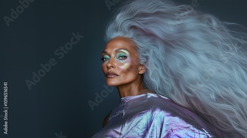 Landscape-oriented photo of beautiful mature woman with  long silver hair and glitter makeup, studio photo