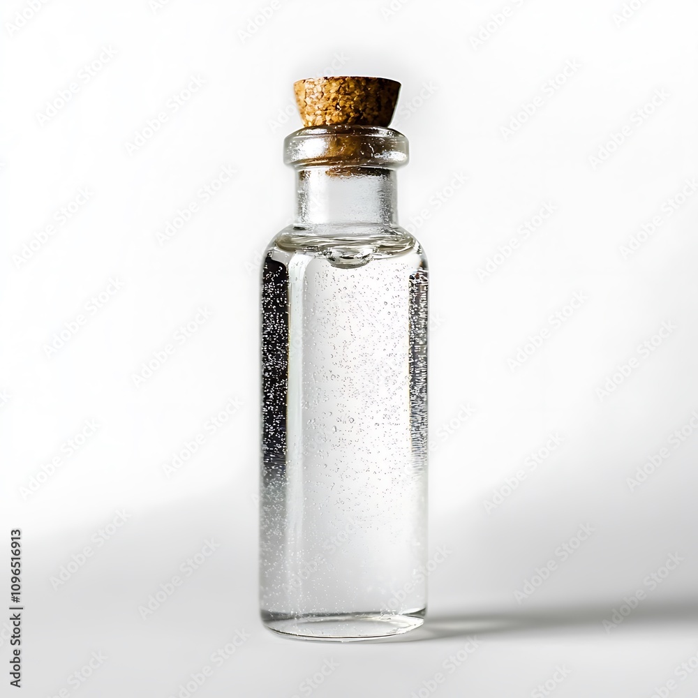 Small glass bottle with cork stopper, filled with clear liquid against white background. Small glass bottle with cork stopper, filled with clear liquid against white background.