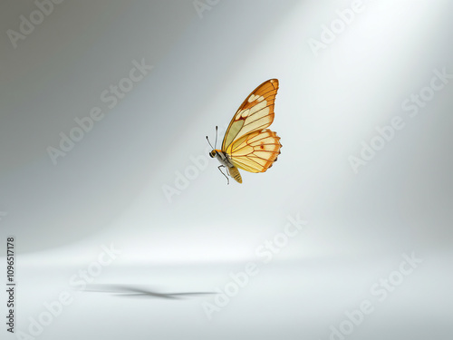 Beautiful yellow and beige butterfly on a plain white surface, serene, perched photo