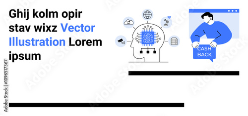Human head with AI chip, icons of gears, nodes, globe, person receiving cash back in blue. Ideal for technology, AI, fin-tech, startups, web design, marketing, and education. Landing page