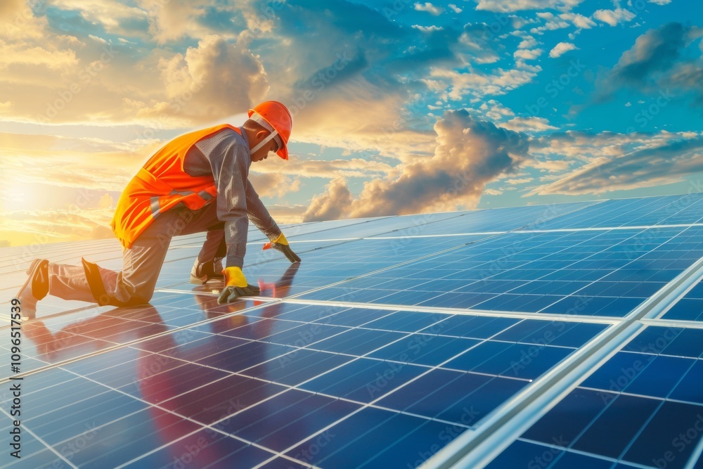 custom made wallpaper toronto digitalService engineer checking solar cell on the roof for maintenance if there is a damaged part. Engineer worker install solar panel. Clean energy concept.