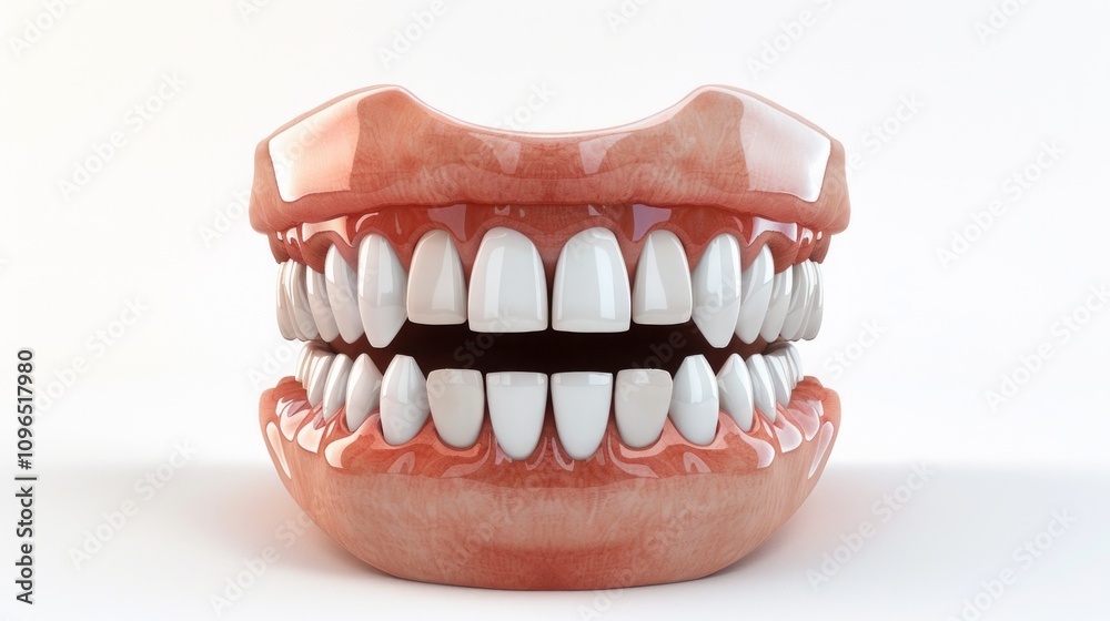 Obraz premium 3D anatomical model of human teeth and gums with detailed upper and lower jaw structure on a white background. Educational tool for dental studies, orthodontics, and medical research. Generative AI