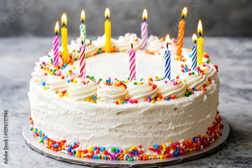 A Vibrant Birthday Cake with Colorful Candles and Sprinkles